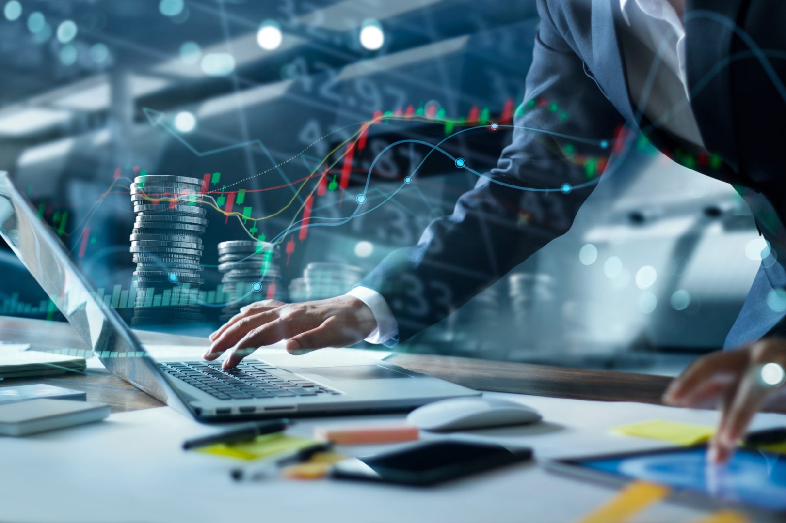 Businessman Using Laptop Trading And Analysis Data On Stock Mark