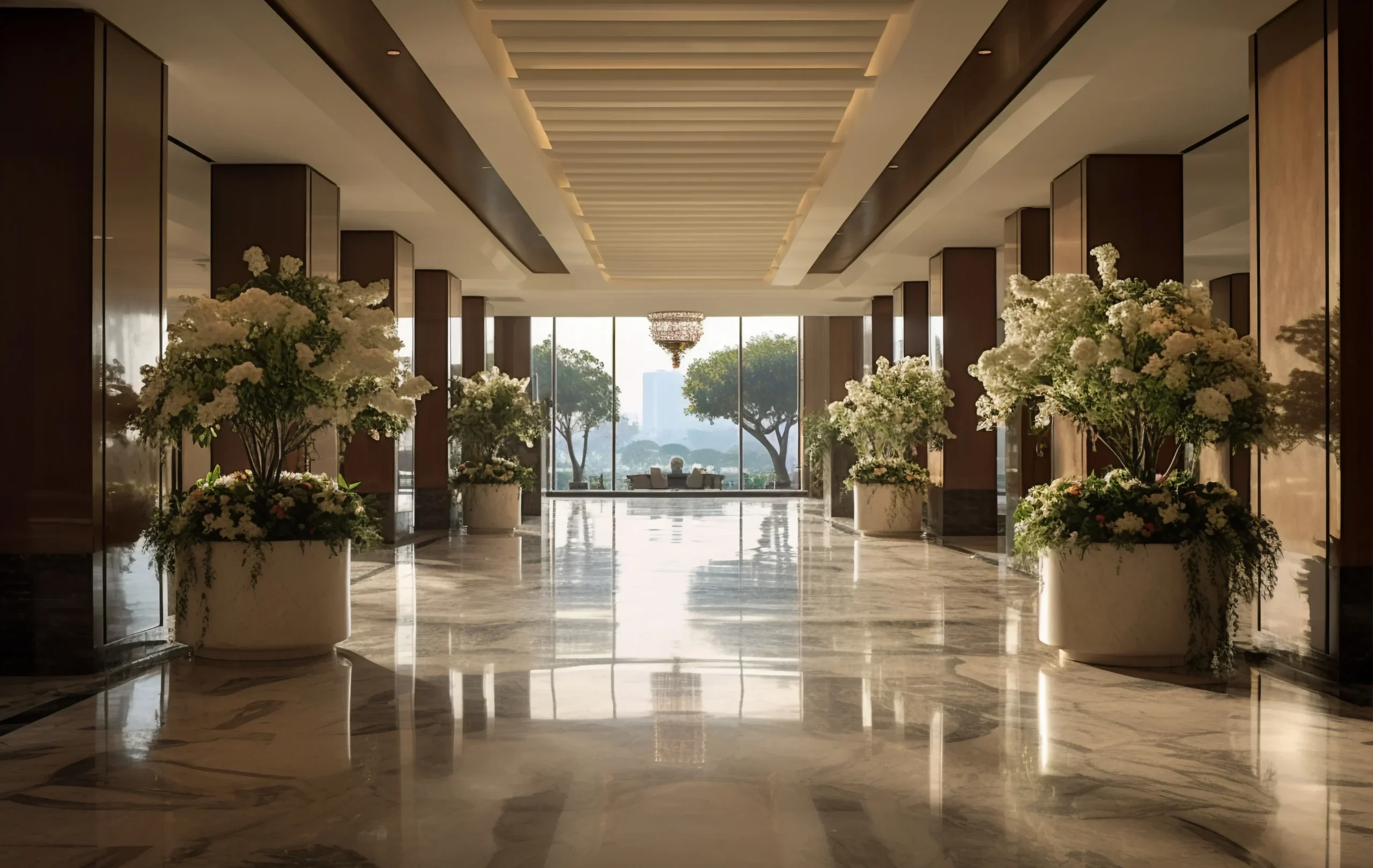 Hotel de lujo con plantas a su alrededor