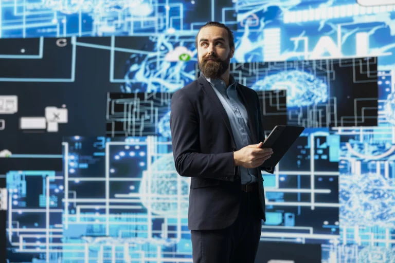 Young Entrepreneur Interacting With Digital Ai Brain Symbolizing Platforms