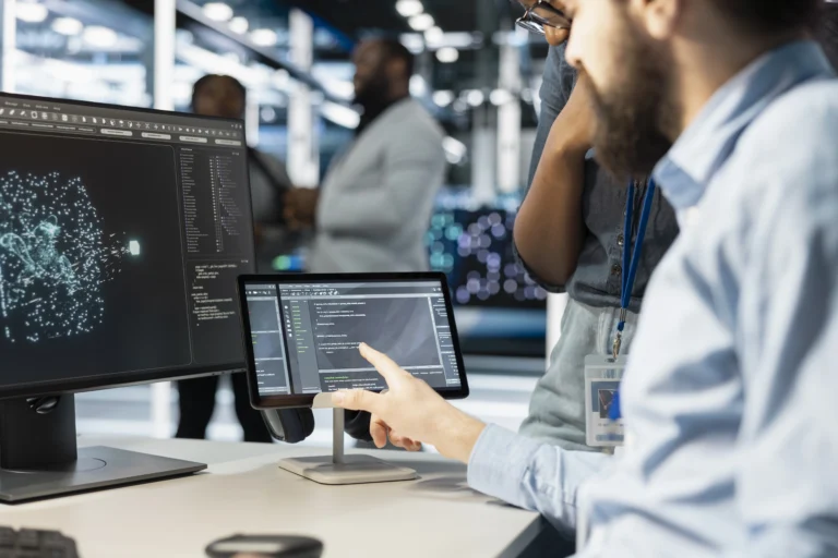 Close Up Computer Scientists Data Center Office Using Ai Automation Tools