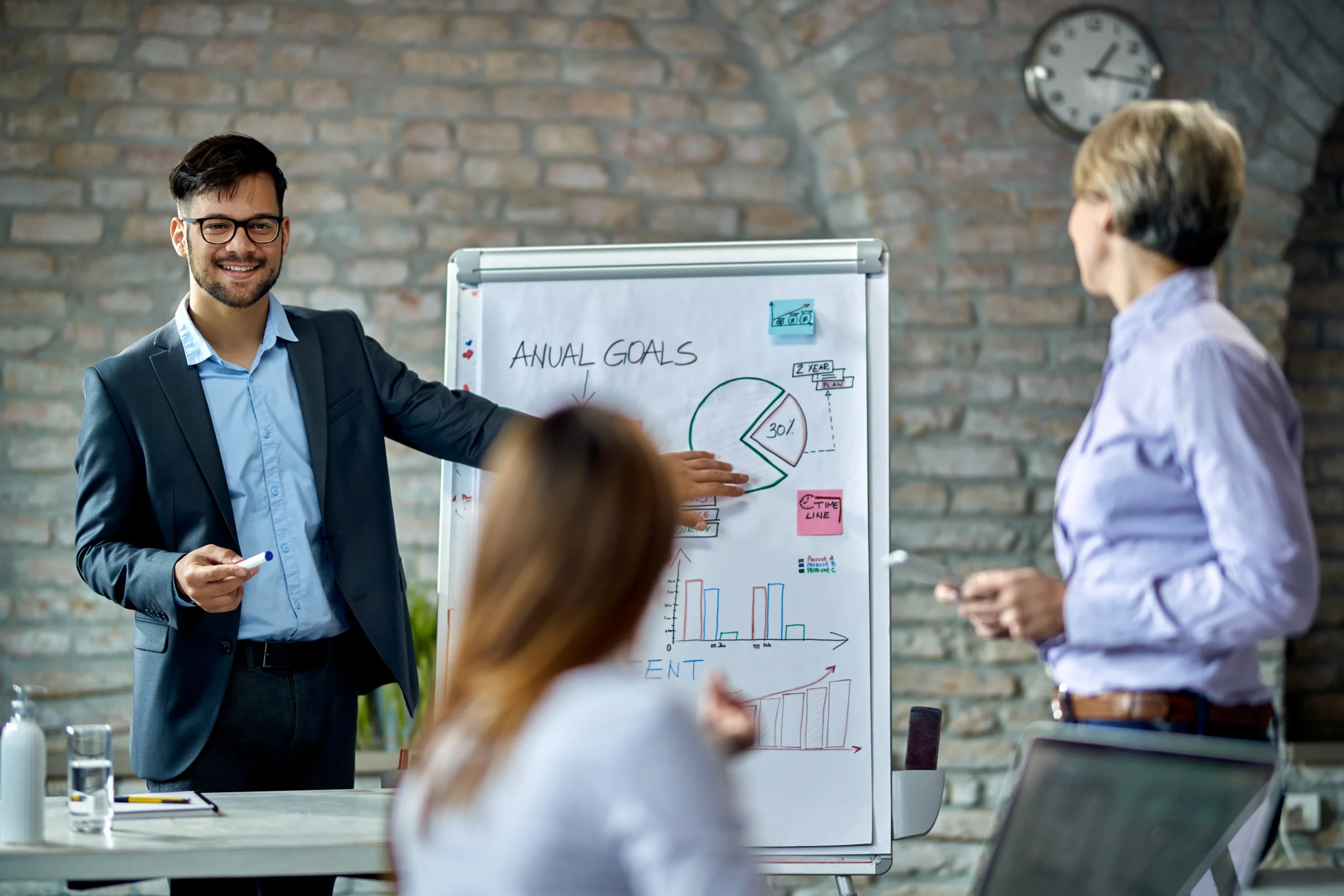 Happy Entrepreneur Presenting His Colleagues New Business Strategy Whiteboard Meeting Office