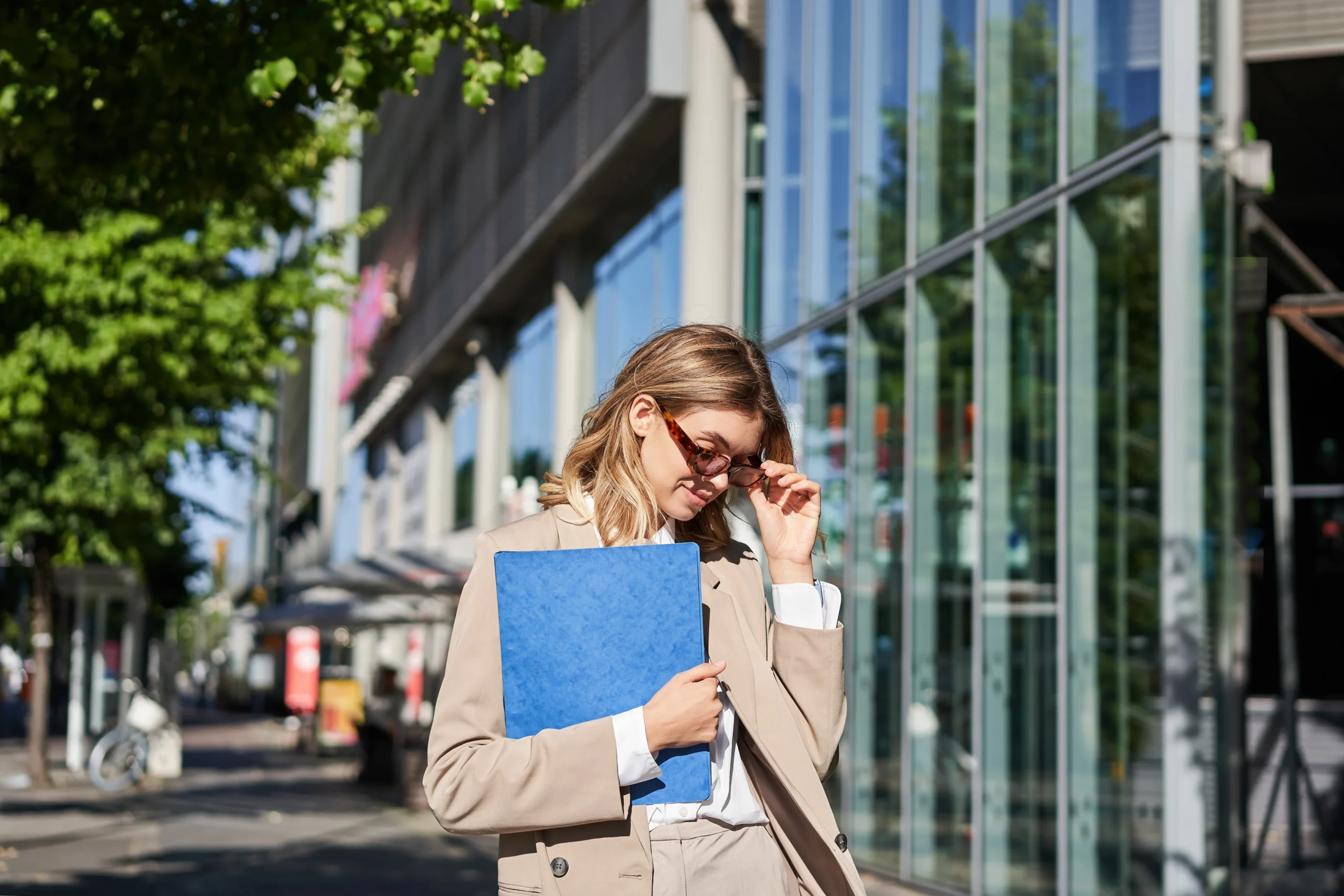 Portrait Confident Corporate Woman Going Office With Folder Walking Street Sunny Day I